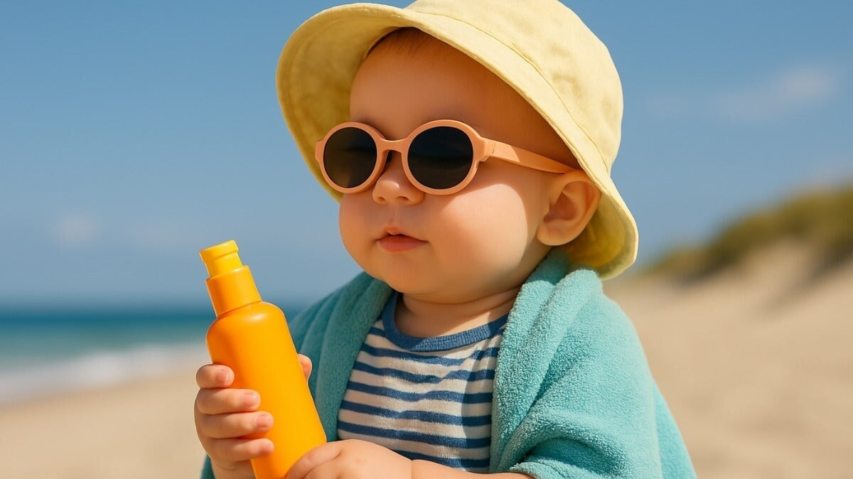 Bébé sur la plage avec un chapeau jaune, des lunettes de soleil et un flacon de crème solaire.