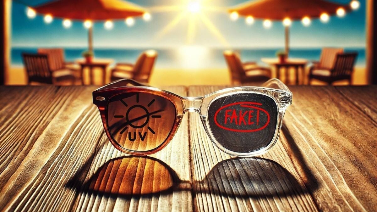 Une paire de lunettes de soleil : un verre avec une protection UV authentique, l'autre contrefait.