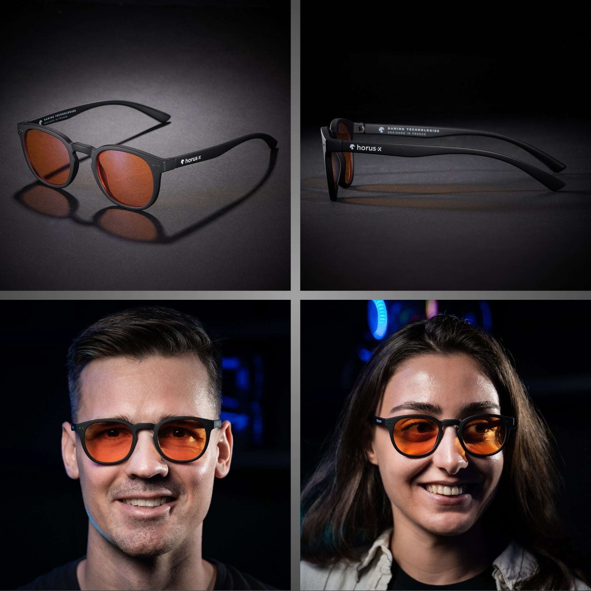 lunettes gaming Urban verre ambré de 3/4 sur fond noir, de profil et sur visage homme et femme
