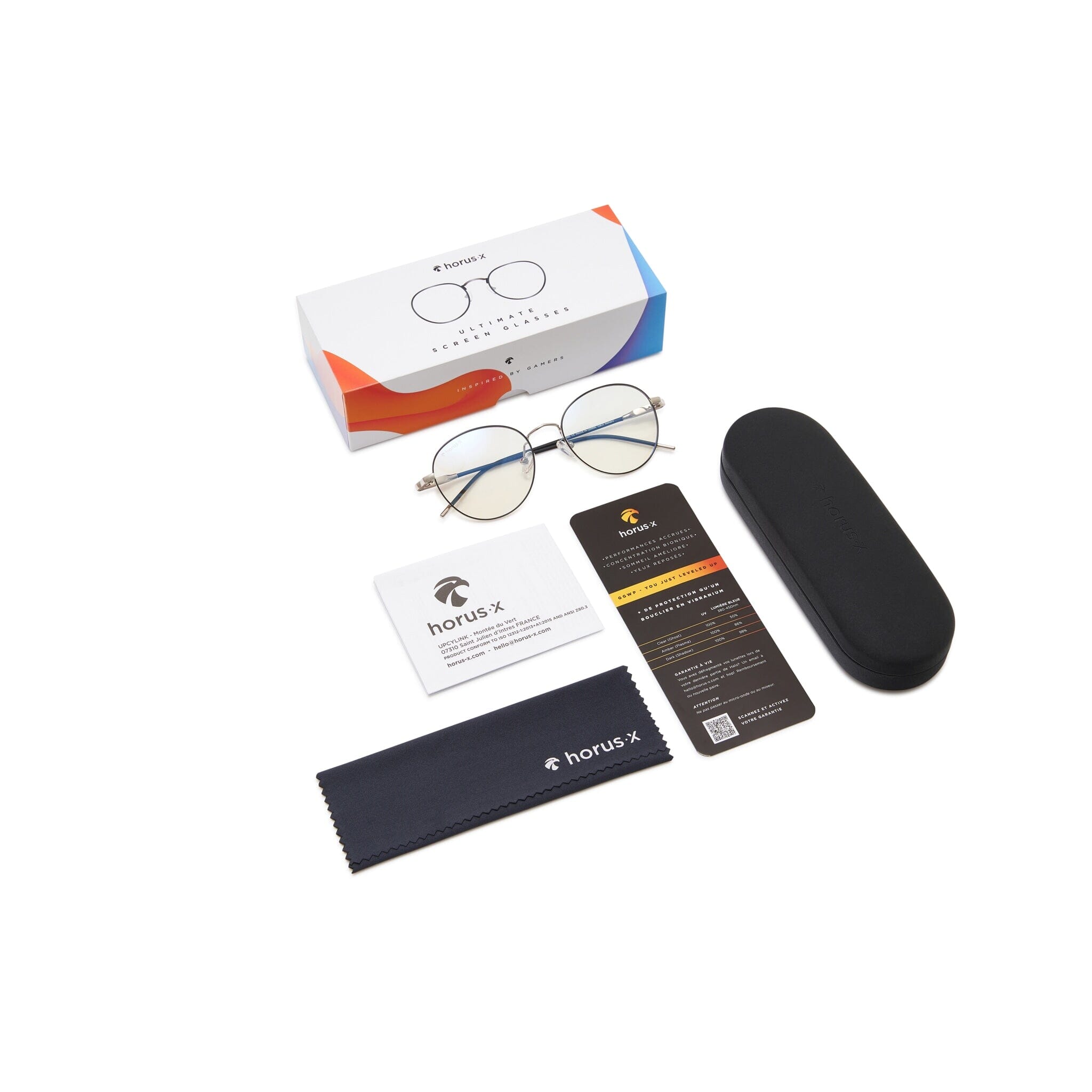 Vue aérienne de tout le packaging avec les lunettes anti lumière bleue rondes aux branches marrons, en métal argenté.