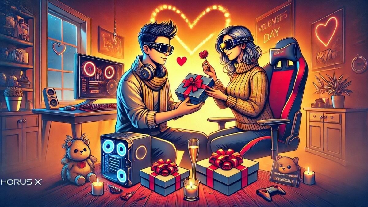 Couple échangeant des cadeaux de Saint-Valentin dans une ambiance gaming avec des lunettes Horus X.