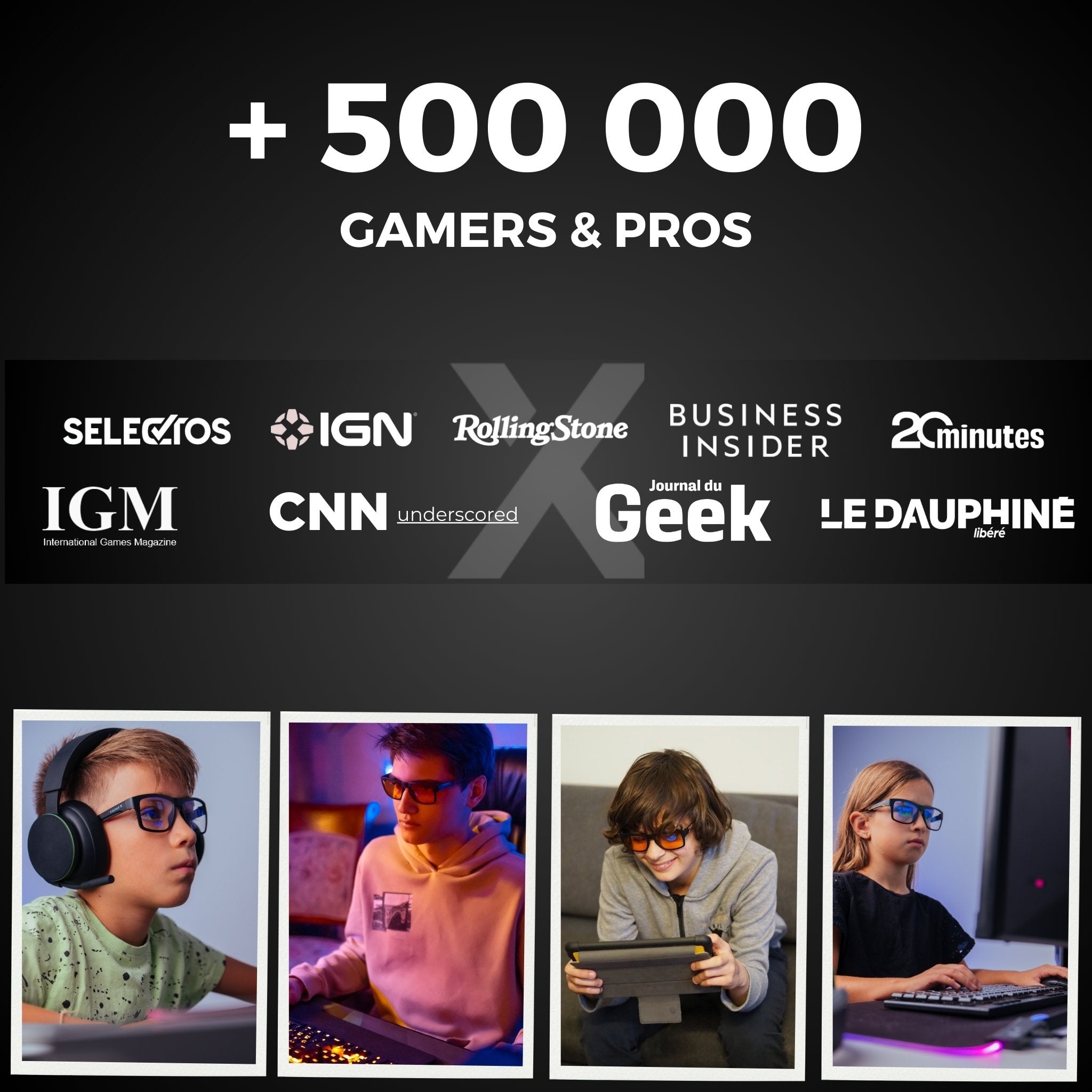 aperçu du nombre de clients, des publications presse et de 4 photos d'enfants portant les lunettes gaming hopes