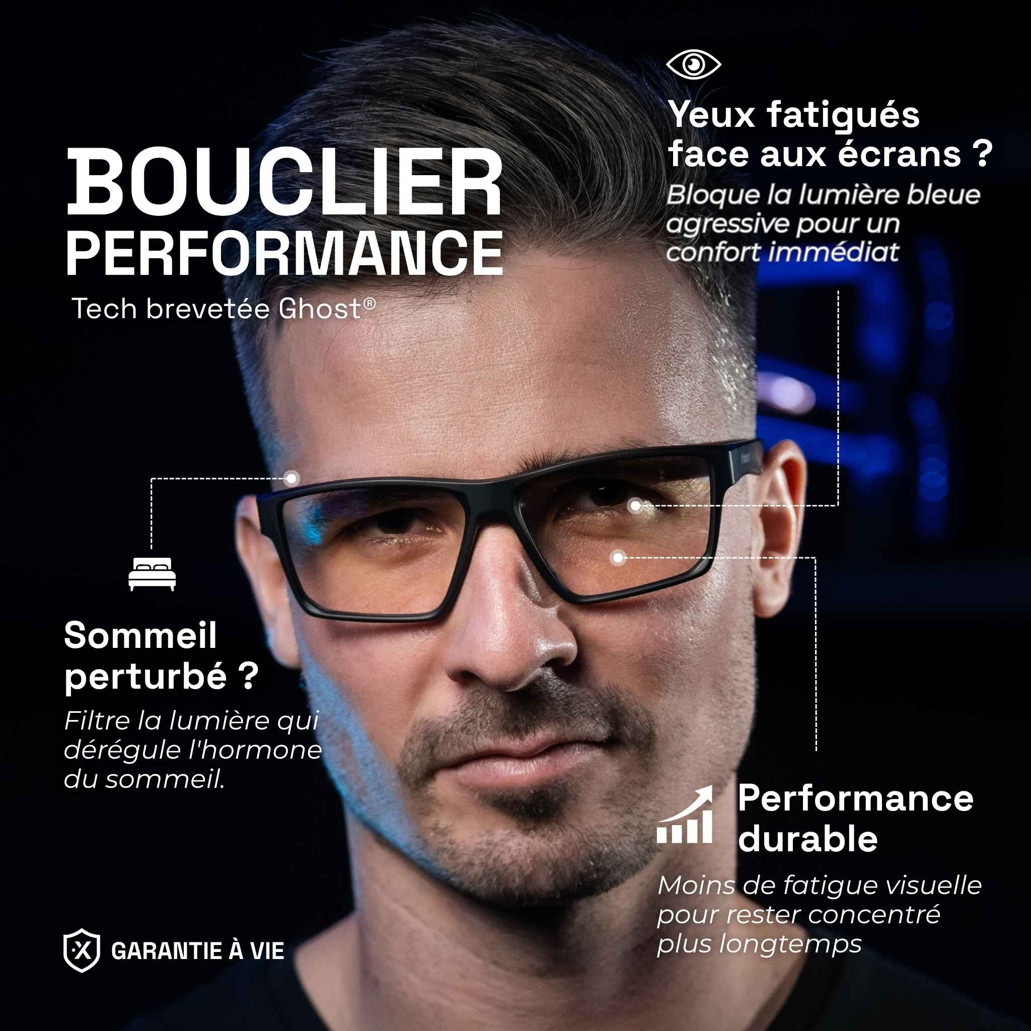 Junger Mann mit Horus X One Gaming-Brille mit klaren Gläsern vor schwarzem Hintergrund mit Produktvorteilen (erholte Augen, verbesserter Schlaf, nachhaltige Leistung)