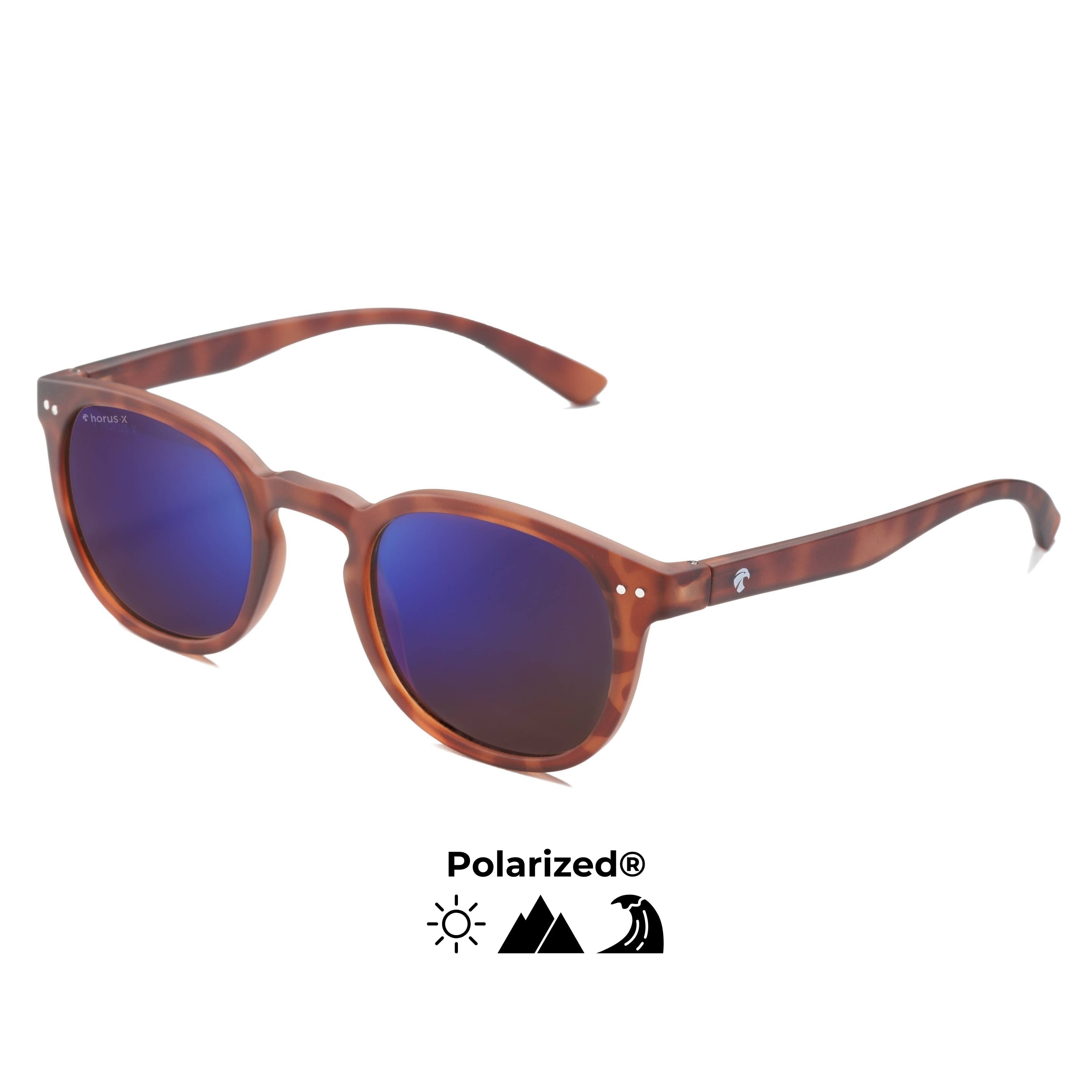 Lunettes de soleil retro Stockholm polarisées de couleur marron tortoise avec verre reflet violet sur fond blanc, de 3/4