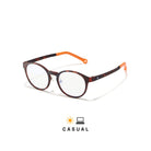Lunettes anti lumière bleue pour enfant rondes tortoise avec branches oranges avec verre transparent sur fond blanc de 3/4