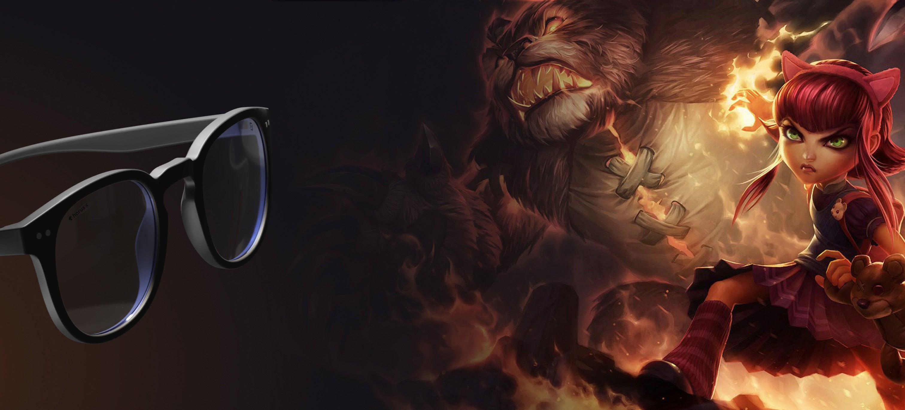 visuel montrant les lunettes urban nexus league of legends de horus x sur un fond montrant un héros league of legends