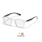 lunettes anti lumière bleue vintage couleur frost blanc brillant et branches marrons en polycarbonate, verres transparents sur fond blanc