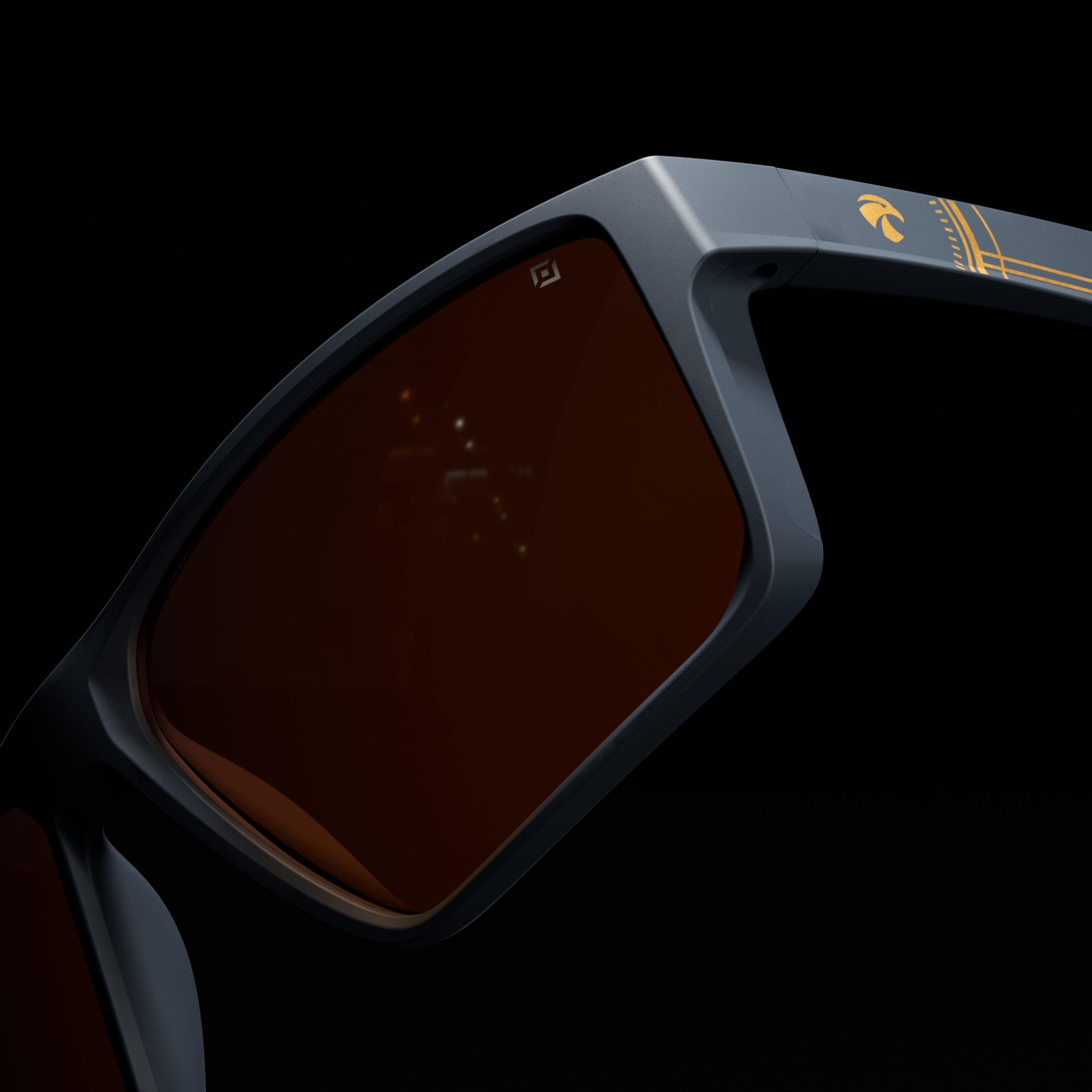 lunettes horus x league of legends one nexus zoom sur la branche et le picto lol sur le verre sur fond noir